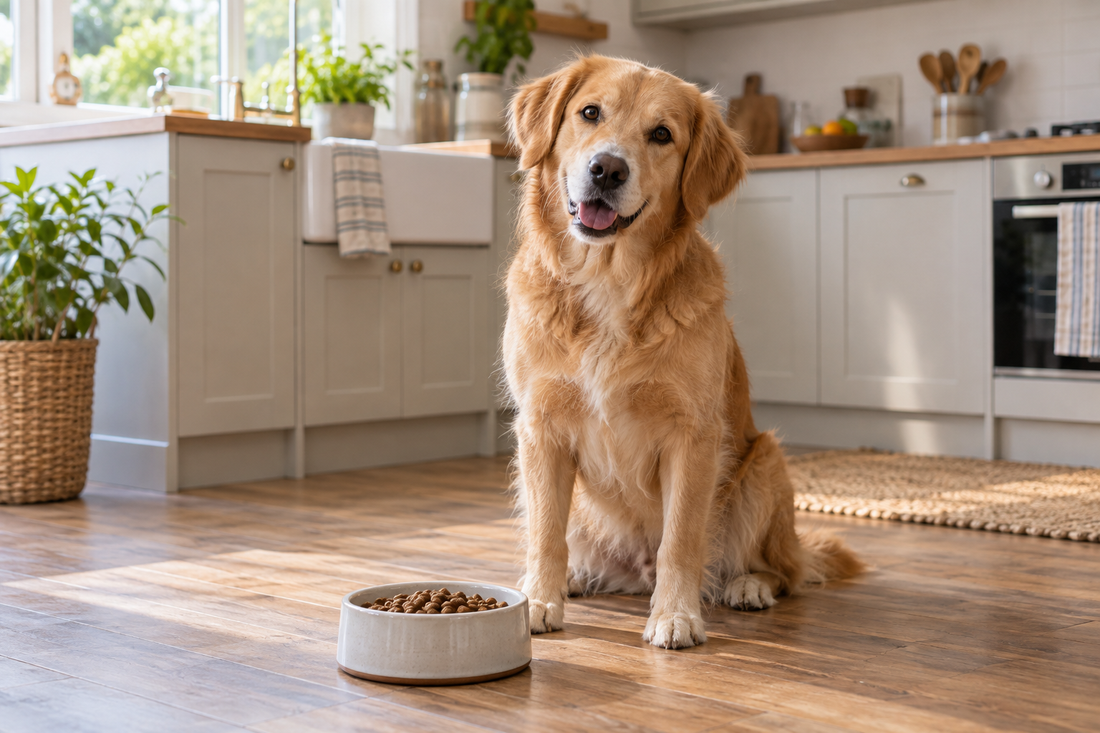 Golden dog sitting beside a ceramic bowl of dry food in a bright kitchen.